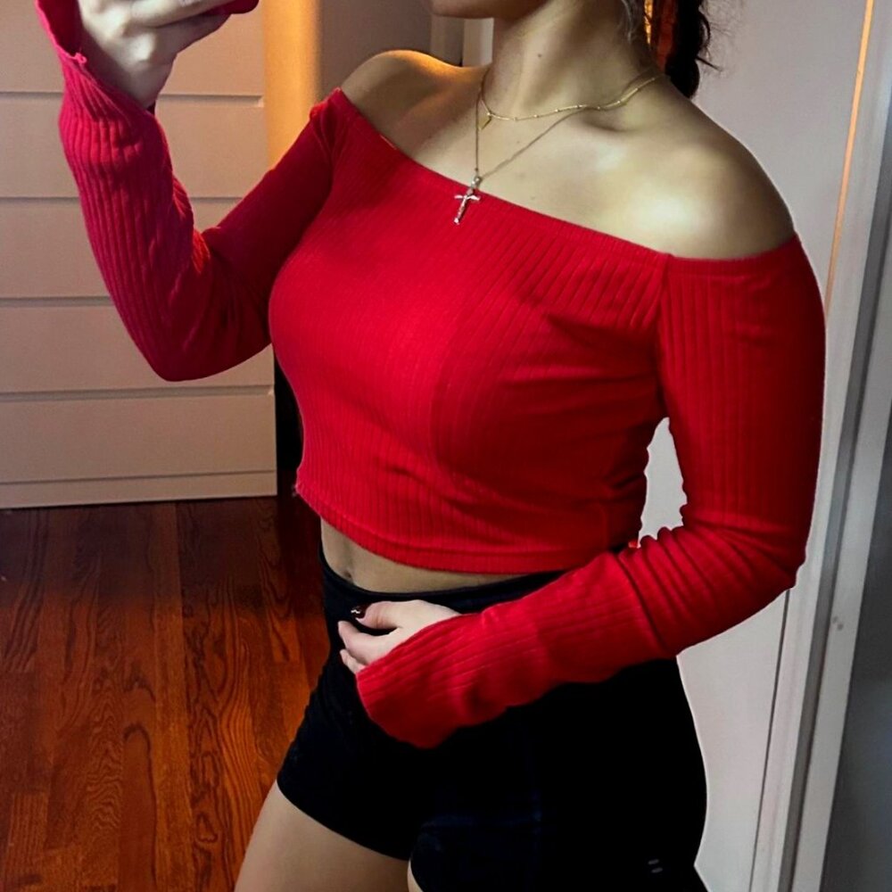 H&M Red off the shoulder long sleeve top